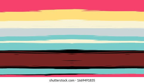 Multicolored Nice Seamless Summer Pattern, Vector Watercolor Sailor Stripes. Vintage Trace Grunge Textile Fabric Design Horizontal Brushstrokes. Ink Painted Doodle Trace, Geometric Track Prints