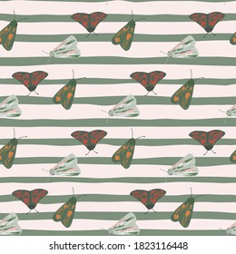 Multicolored night moth silhouettes seamless pattern. Doodle insect ornament on background with green strips. Decorative backdrop for wallpaper, textile, wrapping, fabric print. Vector illustration.