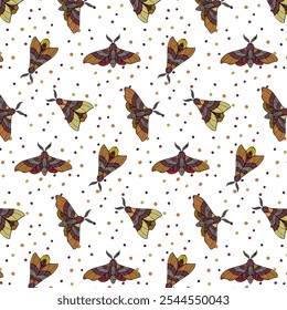 Multicolored night moths in a pattern.Vector seamless pattern with colorful night moths on a transparent background.