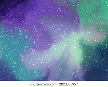Luces nórdicas multicolores. Cielo nocturno mágico con estrellas brillantes. Grano de estrellas brillante. Fondo vectorial.