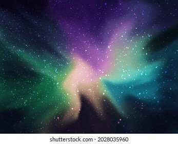 Multicolored northern lights . Magic night sky with sparkling stars. Glowing stardust. Vector background.