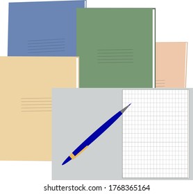 Multi-colored notebooks, accessories for study. Back to school. Education Concept. Vector Illustration