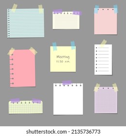 Multicolored notes paper sheets attached with adhesive tape. Meeting reminder, to-do list and memo notice. 3d realistic vector set