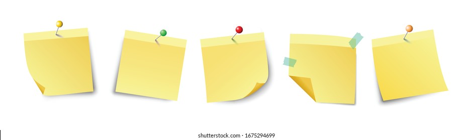 Multicolored, notes, transparent, background., Set, miscellaneous, bent, corners, realistic, shadows.