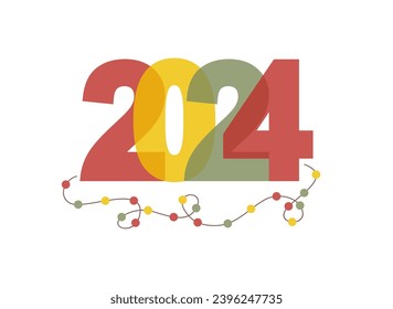 Multicolored number 2024 in risograph style decorated with light bulb garland isolated on white background. Flat vector illustration