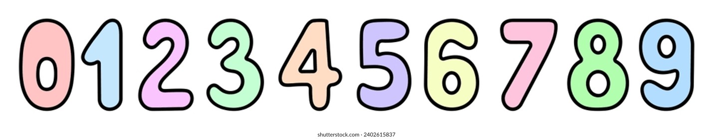 Multicolored numbers from 0 to 9. Colored Arabic number symbols with rounded corners. Color vector illustration. Cartoon style. Counting training. Isolated background. Idea for web design.