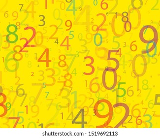 Multi-colored numbers from 0 to 9 of different sizes and transparency on a bright background. Matrix style. Vector illustration

