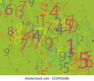 Multi-colored numbers from 0 to 9 of different sizes and transparency on a bright background. Matrix style. Vector illustration
