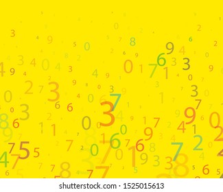 Multi-colored numbers from 0 to 9 of different sizes and transparency on a bright background. Matrix style. Vector illustration
