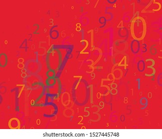 Multi-colored numbers from 0 to 9 of different sizes and transparency on a bright background. Matrix style. Vector illustration
