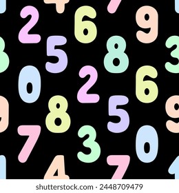 Multicolored numbers from 0 to 9. Square seamless vector pattern. Repeating pattern of colored Arabic numeric symbols. Flat style. Learning to count. Isolated black background. Idea for web design.