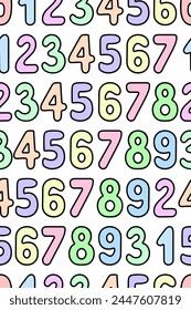 Multicolored numbers from 0 to 9. Vertical seamless vector pattern. Endless ornament of colored Arabic numeric symbols. Cartoon style. Learning to count. Isolated colorless background. 