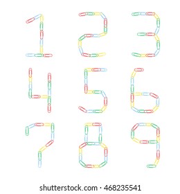The multicolored numbers from 1 to 9 of colored paper clips. Vector illustration.

