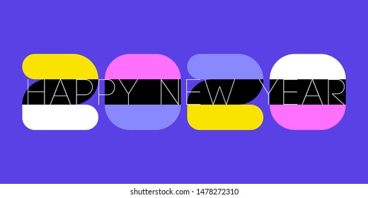 Multicolored numbers 2020 and happy New Year greetings on purple background. Elegant vector illustration in retro style for greeting card, holiday calendar or brochure