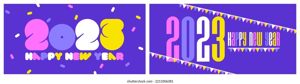 Multicolored numbers 2023 and happy New Year greetings on purple background. Retro style vector illustration for holiday calendar or brochure cover