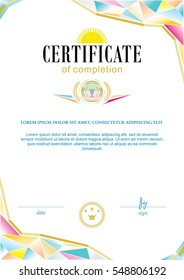 Multicolored official certificate and emblem. Colorful triangle design elements. 