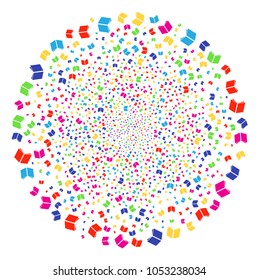 Multicolored Open Book decoration spheric cluster. Vector round cluster burst designed from scattered open book items. Colorful Vector abstraction.