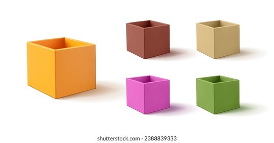 Multicolored open empty 3D boxes. For advertising and selling gifts, various goods, products, and home delivery. Set of boxes on a white background.