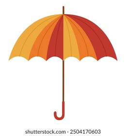 Multicolored open umbrella isolated on white background. Rainy weather protection. Yellow, orange and red colors. Accessory with curved handle. Vector flat illustration