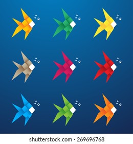 Multicolored origami fish with bubbles. Vector illustration