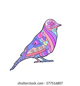 Multicolored ornamental bird, Isolated design element, Vector illustration