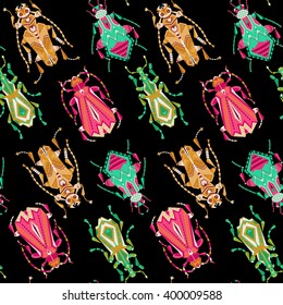 Multi-colored ornamental bugs on a black background. Seamless background pattern. Vector illustration 