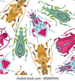 Multi-colored ornamental bugs on a white background. Seamless background pattern. Vector illustration 