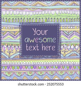 Multicolored ornamental ethnic postcard with elements of Aztec and African patterns.