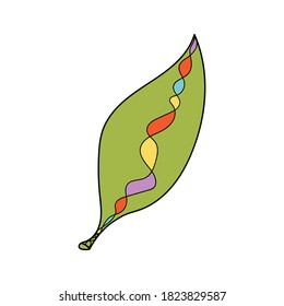Multicolored ornamental leaf for a festive design. Vector hand-drawn illustration. Bright leaves with patterns for autumn, Halloween, Thanksgiving decoration