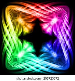Multicolored ornate decorative quadrangular fire floral pattern on the black background. Four patterns in different directions. 