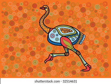 Multicolored ostrich in ethnic Australian pattern style