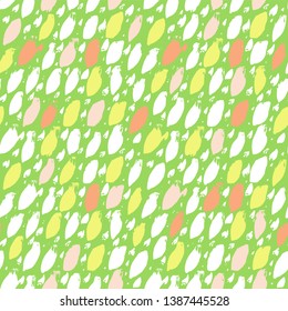 Multicolored oval organic brush stroke shapes on green. Vector seamless pattern. Great for home decor, fabric, stationery, paper goods.