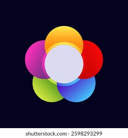 Multicolored overlapping disks create a striking circular design with vibrant gradients and hues.