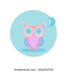 Multicolored owl next to the moon.Vector illustration. Fairy-tale subjects and characters. Objects on a colored circle. Design for pictures, icons, postcards, covers, flat and cartoon style.