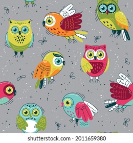 Multicolored owls - vector seamless pattern in scandinavian style. Loop pattern for fabric, textile, wallpaper, posters, gift wrapping paper, napkins, tablecloths. Print for kids, children. 