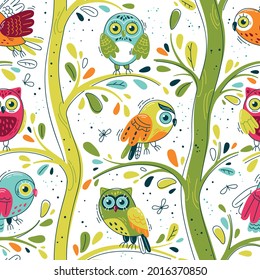 Multicolored owls - vector seamless pattern. Loop pattern for fabric, textile, wallpaper, posters, gift wrapping paper, napkins, tablecloths. Print for kids, children. Children's pattern