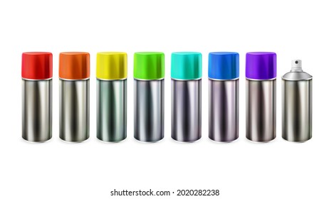 Multicolored Paint Blank Bottles Spray Set Vector. Metal Package With Different Colorful Paint. Painter Liquid For Painting Wall. Artist Creative Occupation Template Realistic 3d Illustration