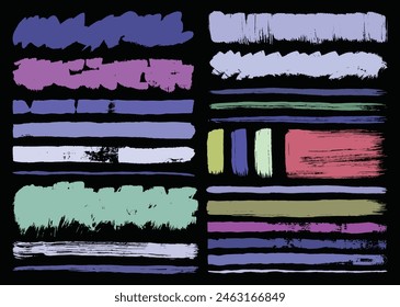 Multicolored paint brush strokes bundle. Abstract rough brushes template. Inkbrush layout set. For painting or artistic illustration.