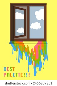 Multicolored paint drips from an open window. The best palette. Color mixing. EPS10.