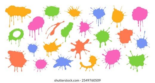 Multicolored paint splashes, ink drops, liquid drips and grunge splashes. Stains with scattered and dripping droplets. Isolated sprayed elements. Flat blobs of various shapes. Abstract illustrations.