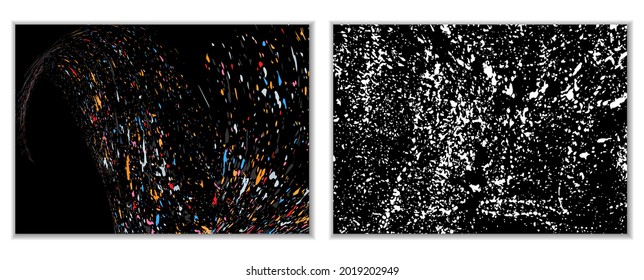 Las salpicaduras de pintura multicolor, las manchas, las partículas de polvo y los desechos son transportados por el viento. Un conjunto de dos plantillas. Plantilla de diseño para el diseño de carteles, carteles, folletos, portadas, revistas. EPS 10