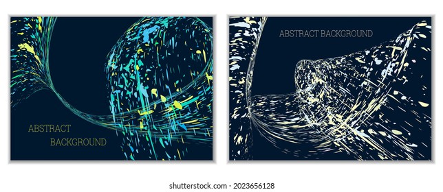Las salpicaduras de pintura multicolor, las manchas, las partículas de polvo y los desechos son transportados por el viento. Un conjunto de dos plantillas. Plantilla de diseño para el diseño de carteles, carteles, folletos, portadas, revistas. EPS 10