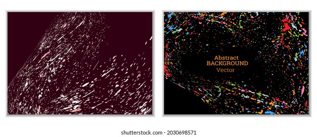 Las salpicaduras de pintura multicolor, las manchas, las partículas de polvo y los desechos son transportados por el viento. Un conjunto de dos plantillas. Plantilla de diseño para el diseño de carteles, carteles, folletos, portadas, revistas. EPS 10