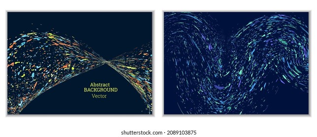 Las salpicaduras de pintura multicolor, las manchas, las partículas de polvo y los desechos son transportados por el viento. Un conjunto de dos plantillas. Plantilla de diseño para el diseño de carteles, carteles, folletos, portadas, revistas. EPS 10
