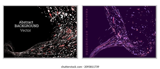 Las salpicaduras de pintura multicolor, las manchas, las partículas de polvo y los desechos son transportados por el viento. Un conjunto de dos plantillas. Plantilla de diseño para el diseño de carteles, carteles, folletos, portadas, revistas. EPS 10