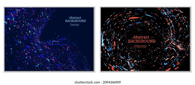 Las salpicaduras de pintura multicolor, las manchas, las partículas de polvo y los desechos son transportados por el viento. Un conjunto de dos plantillas. Plantilla de diseño para el diseño de carteles, carteles, folletos, portadas, revistas. EPS 10
