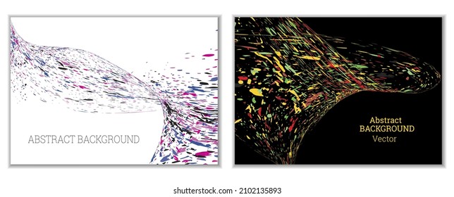 Las salpicaduras de pintura multicolor, las manchas, las partículas de polvo y los desechos son transportados por el viento. Un conjunto de dos plantillas. Plantilla de diseño para el diseño de carteles, carteles, folletos, portadas, revistas. EPS 10