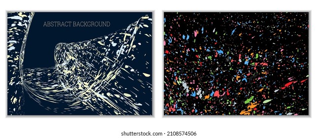 Las salpicaduras de pintura multicolor, las manchas, las partículas de polvo y los desechos son transportados por el viento. Un conjunto de dos plantillas. Plantilla de diseño para el diseño de carteles, carteles, folletos, portadas, revistas. EPS 10