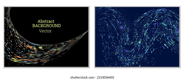 Las salpicaduras de pintura multicolor, las manchas, las partículas de polvo y los desechos son transportados por el viento. Un conjunto de dos plantillas. Plantilla de diseño para el diseño de carteles, carteles, folletos, portadas, revistas. EPS 10