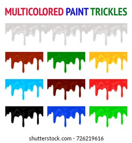 Multicolored paint trickles. White, red, green, yellow, blue, brown and black color flowing down paint. Seamless horizontal element vector illustration.